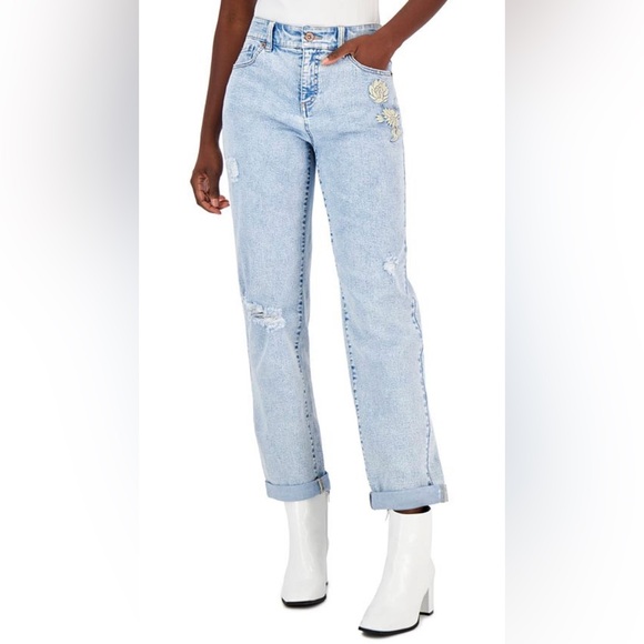 INC International Concepts Women's Mid Rise Embroidered Boyfriend